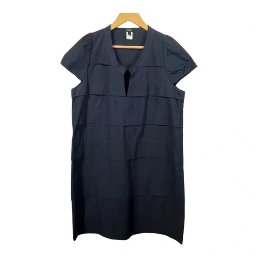 J.Crew Tiered Shift Dress‎ Womens 12 Navy Blue Cotton Puff Sleeve Mod Minimalist